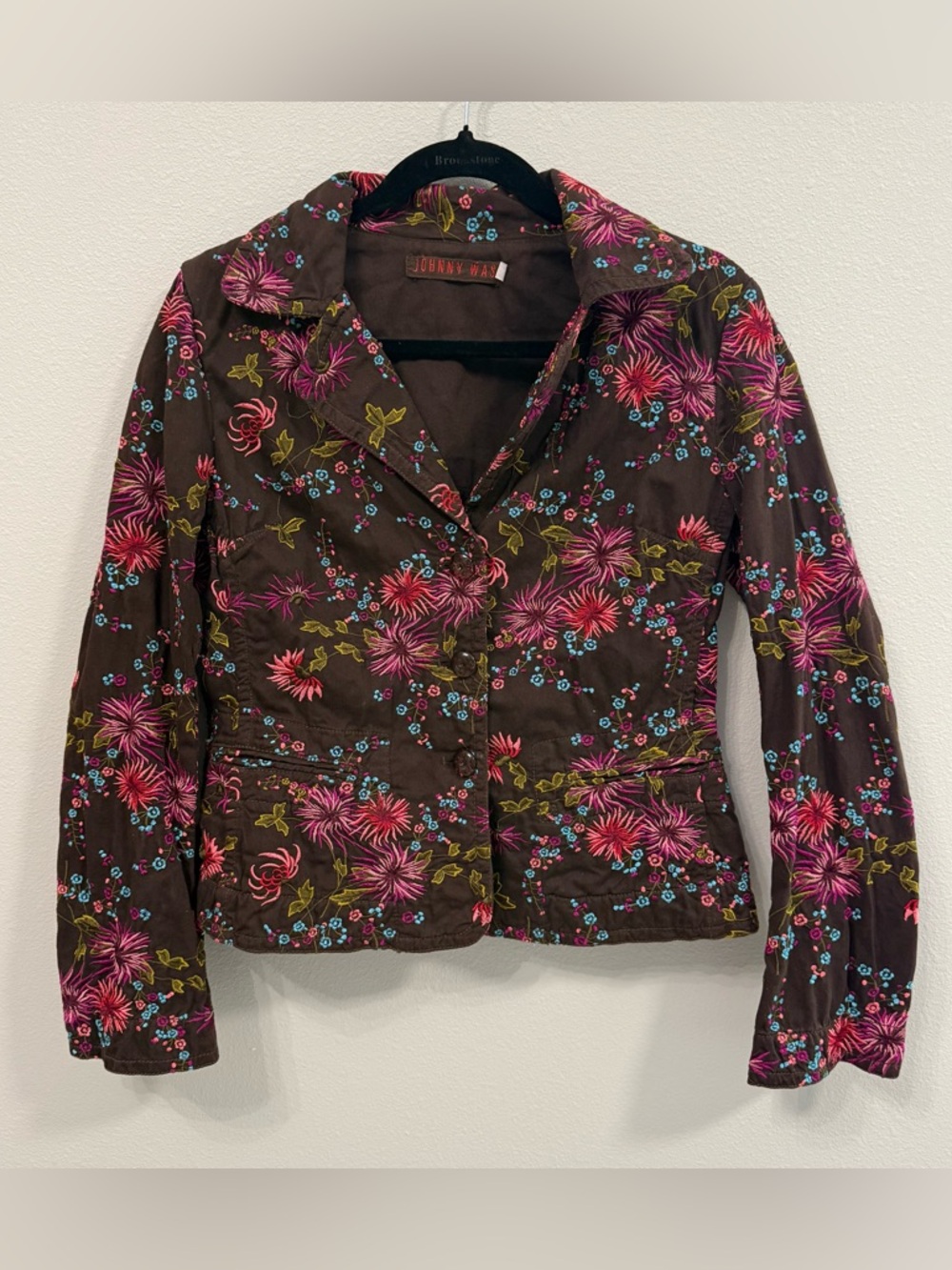 Johnny Was Embroidered Floral Jacket Medium Brown Boho Chic Lightweight Blazer